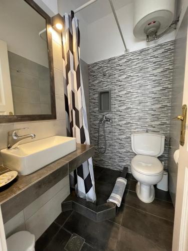 a bathroom with a white toilet and a sink at Manto Apartments in Tinos Town