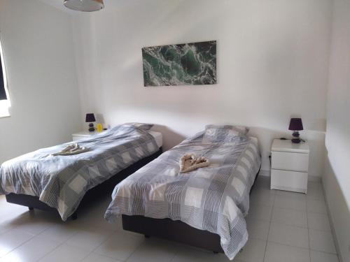 a bedroom with two beds and a picture on the wall at Pérola de Sandy in Paderne