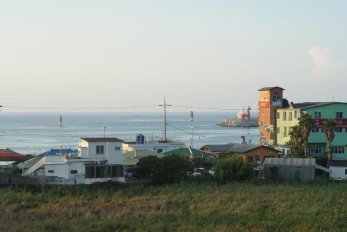 a city with houses and the ocean in the background at Jeju Ocean Family Hotel in Jeju