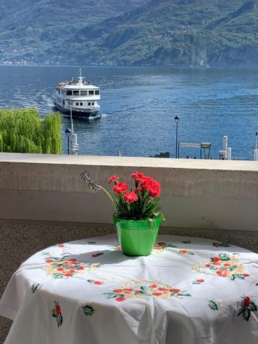 a table with a vase with red flowers on it at Zippity Doo Dah - Menaggio Home - Como Lake in Menaggio