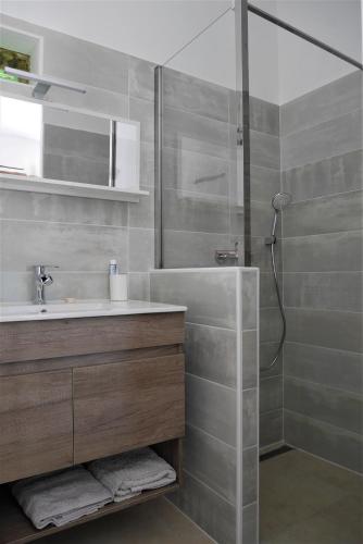 une salle de bain avec un lavabo et une douche dans l'établissement L'Ermitage, à Betcave-Aguin