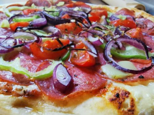 a pizza with tomatoes and onions on top of it at Gasthof Schönblick Rußbach in Gseng