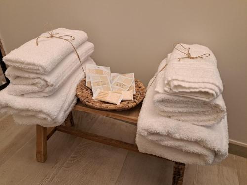 a table with towels and a basket of books at Tenuta Nonno Peppe in Fermo