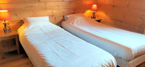two beds in a room with two lamps on the wall at Chalet les Hauts de la Lauzière in Le Dévoluy