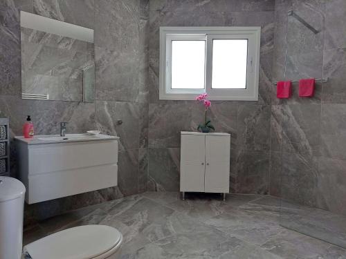 a bathroom with a sink and a toilet and a window at Villa Konstantinos in Paphos