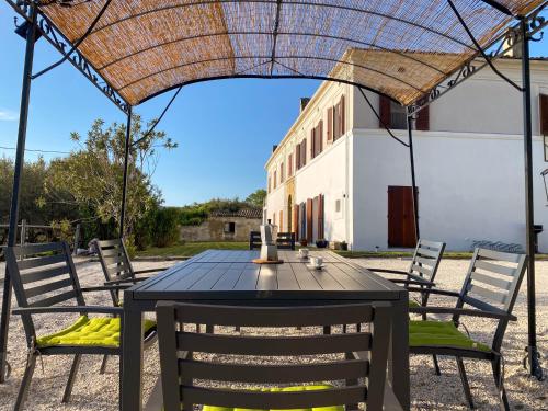 une table et des chaises noires sous un parasol dans l'établissement Villa dei Trabocchi - Accogliente casale per famiglie che affaccia sul mare, à Ortona
