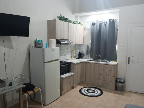 a small kitchen with a refrigerator and a sink at Studio Jim in Volos