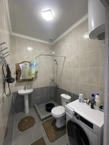 a bathroom with a toilet and a sink and a washing machine at Коттедж на Иссык-Куле в ЦО Париж in Chok-Tal