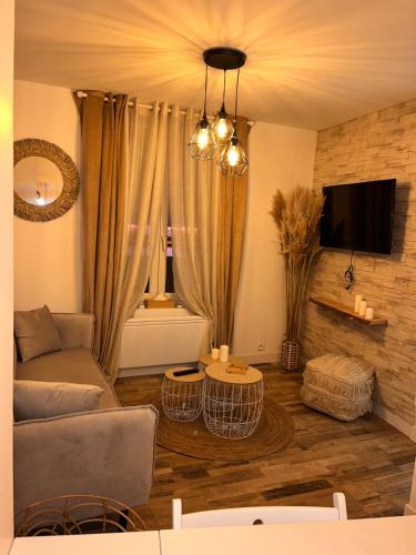 salon z kanapą i telewizorem w obiekcie Appartement Centre-ville w mieście Crépy-en-Valois