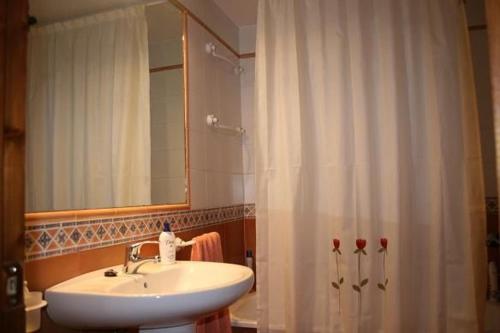 y baño con lavabo y ducha con espejo. en Apartamento Nevados 24321, en Anciles
