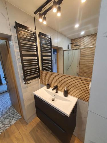a bathroom with a sink and a mirror at JDK Apartamenty Legionów 32m2 4-osobowy in Kalisz