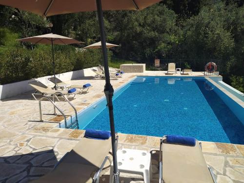 a swimming pool with an umbrella and chairs and a table at Apartment Zeus with private pool and sea view in Nisakion