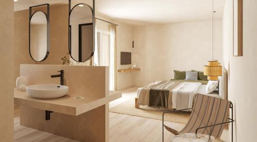 baño con lavabo y cama con espejos en Princess Luxury Suites Adults Only - Princess Hotels Collection, en Agia Anna de Naxos