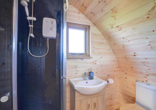a bathroom with a sink and a shower in a room at Oak View in Llanddeusant