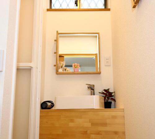 a bathroom with a sink and a mirror at Guest House Kubo Homes Shotenshita in Osaka