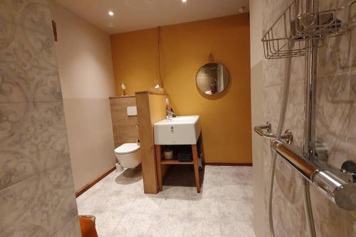 a bathroom with a sink and a toilet and a shower at Landelijk gelegen appartement met eigen ingang in Nieuwediep