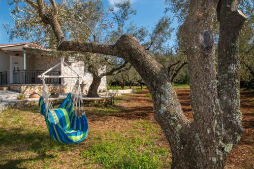a blue hammock hanging from a tree at Green Oak Villa in Orthoniaí