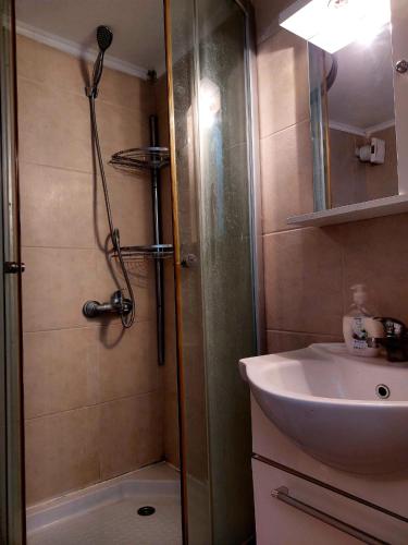 un bagno con doccia e lavandino di Apartment in Siviri sea view a Siviri