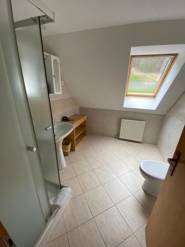 La salle de bains est pourvue de toilettes et d'un lavabo. dans l'établissement Encijan Apartments, à Log pod Mangartom