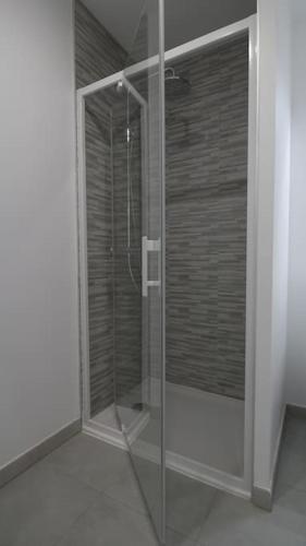 une salle de bain avec une douche en verre dans une chambre dans l'établissement Appartment Alizée, airco, pool and near beach, à La Croix-Valmer