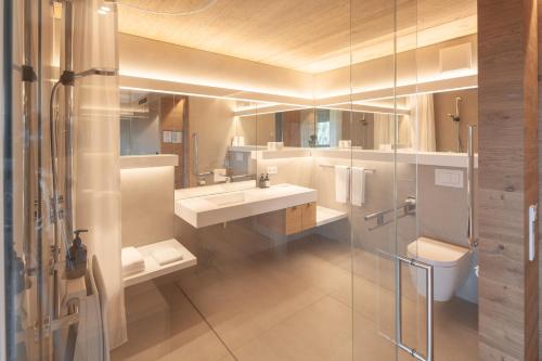 La salle de bains est pourvue d'un lavabo, de toilettes et d'une douche. dans l'établissement Hotel Munde, à Hofstetten