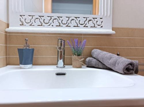 a bathroom sink with two towels and a mirror at Mar Menor in San Pedro del Pinatar