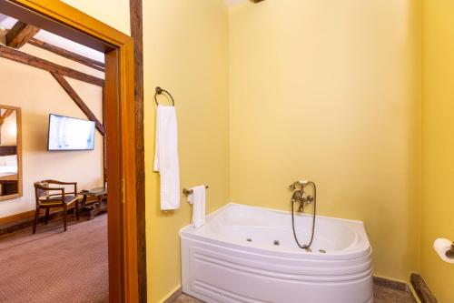 a bathroom with a bath tub in a room at Hotel Am Ring in Sibiu