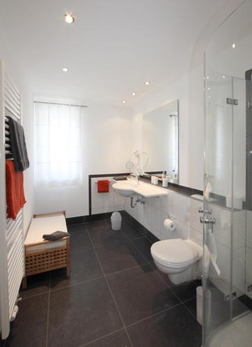 a bathroom with a toilet and a sink and a shower at Gästehaus Vogler in Heuchelheim-Klingen