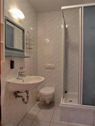 La salle de bains est pourvue d'un lavabo, de toilettes et d'une douche. dans l'établissement Ferienwohnung N29, à Graal-Müritz