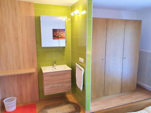 a green bathroom with a sink and a mirror at Ferienwohnung Hermann in Techelsberg am Wörthersee in Karnten