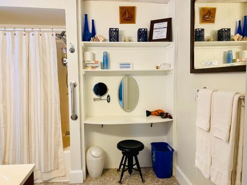 bagno con lavandino, specchio e sgabello di Northey Street House a Salem