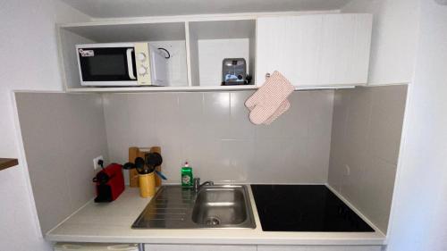 a small kitchen with a sink and a microwave at Joli Appartement 27m2 Oasis Provençale en village vacances en Camargue in Arles