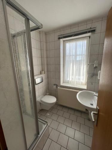 łazienka z toaletą i umywalką w obiekcie Pension zur Bergbahn w mieście Lichtenhain