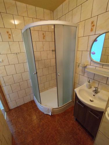 a bathroom with a shower and a sink at Tatrzańska Panorama in Gliczarów