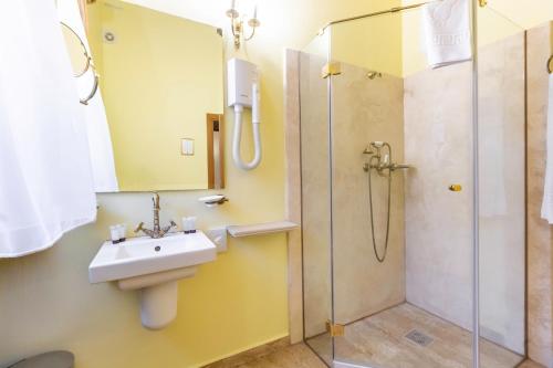 a bathroom with a sink and a shower at Hotel Am Ring in Sibiu