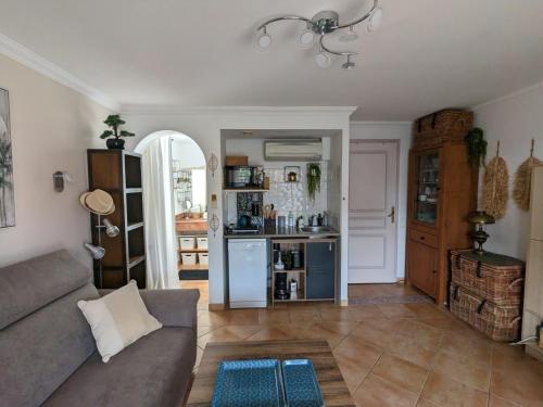 salon z kanapą i kuchnią w obiekcie L'Instant Mer - Bord de Mer - Studio avec grand jardin à La Capte w Hyères