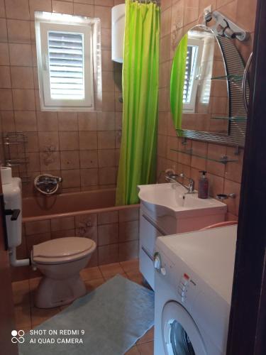 a bathroom with a toilet sink and a green shower curtain at Apartment Skale in Senj