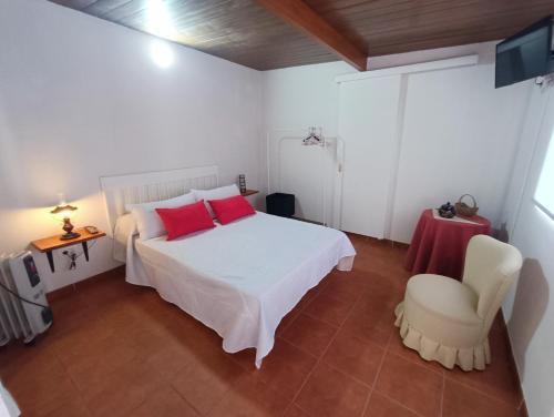 Un dormitorio con una cama blanca con almohadas rojas y una silla en Vivienda Vacacional Villatajace, en Tajace de Abajo