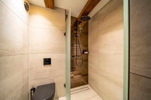 a bathroom with a shower stall and a toilet at Mister Highland Hotel in Amsterdam