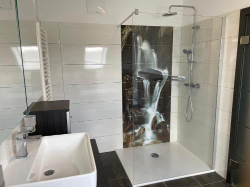a shower with a glass door next to a white sink at Narnhoferwirt in Sankt Jakob im Walde