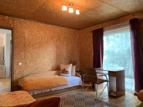 比爾札伊的住宿－Apartamentai Biržuose, double bedroom and single bedroom Apartments，一间卧室配有一张床、一张书桌和一个窗户。