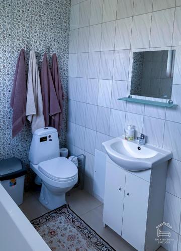 a bathroom with a toilet and a sink and a mirror at Apartamentai Biržuose, double bedroom and single bedroom Apartments in Biržai