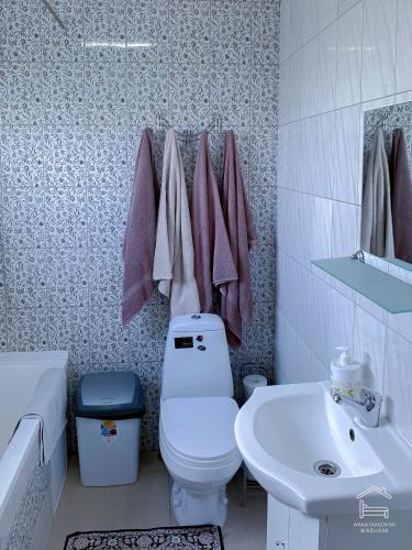 a bathroom with a toilet and a sink at Apartamentai Biržuose, double bedroom and single bedroom Apartments in Biržai