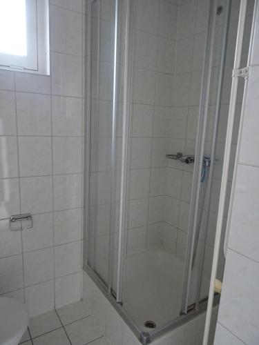 W łazience znajduje się prysznic ze szklanymi drzwiami. w obiekcie Kustverhuur, Oude manege Nieuwvliet, Nieuwvliet 1 - 2 w mieście Nieuwvliet