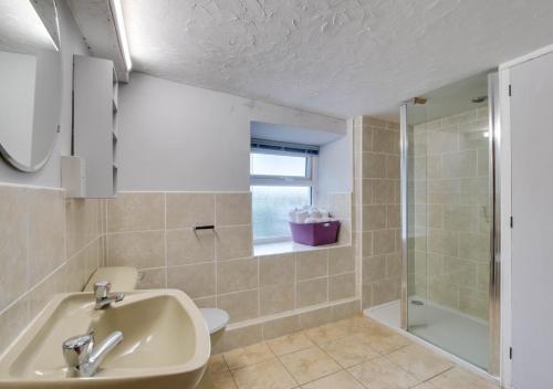 a bathroom with a sink and a shower at Caer Mynach Cottage in Maesmynis
