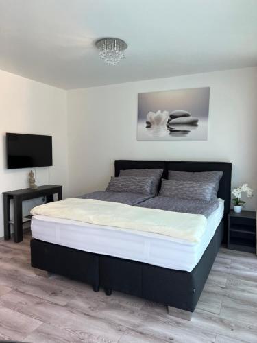 Schlafzimmer mit einem Bett und einem Flachbild-TV in der Unterkunft Villa Bauhaus Dream Deluxe in Siófok