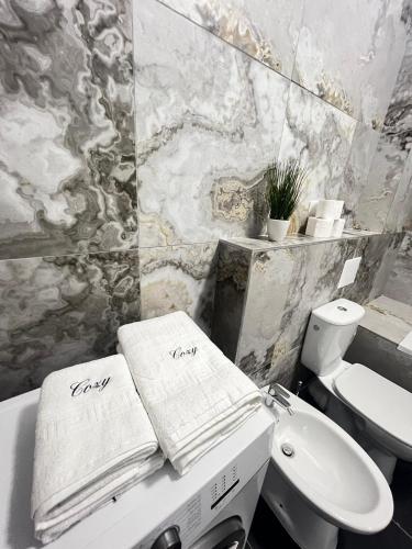 a bathroom with a sink and towels on a tub at Cozy Aparthotel - Central City Suceava in Suceava