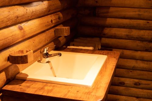 baño con lavabo en una cabaña de madera en Cabañas El Sosiego en Azul