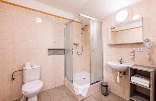 a bathroom with a shower and a toilet and a sink at Hotel Zlatá Váha in Prague