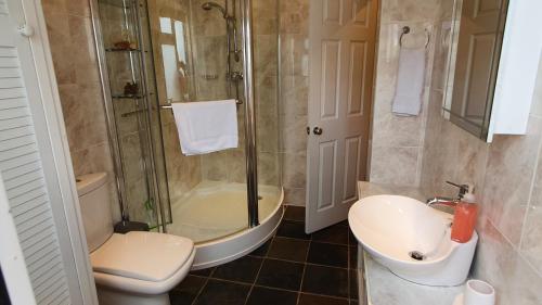 a bathroom with a shower and a toilet and a sink at Granny Shells in The Mumbles